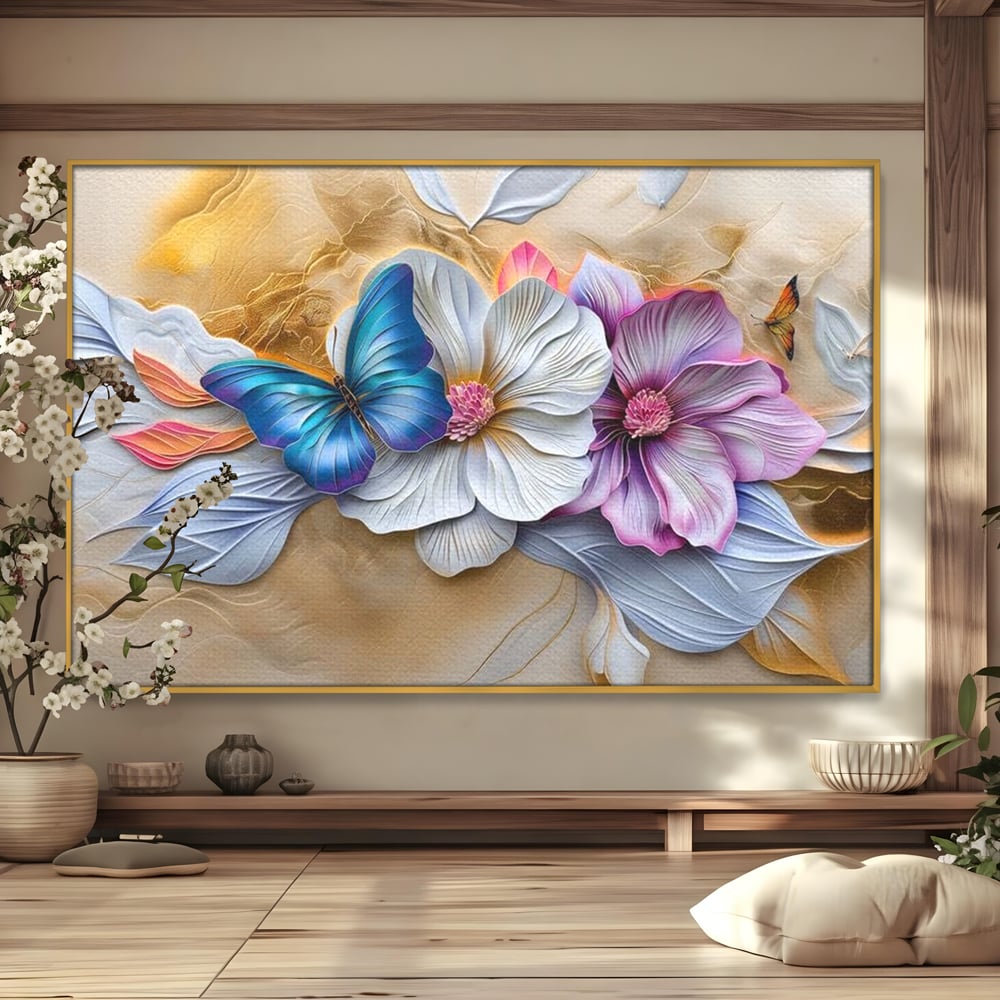 Tablou canvas cu tablou canvas cu flori si fluture, in rama de aluminiu auriu